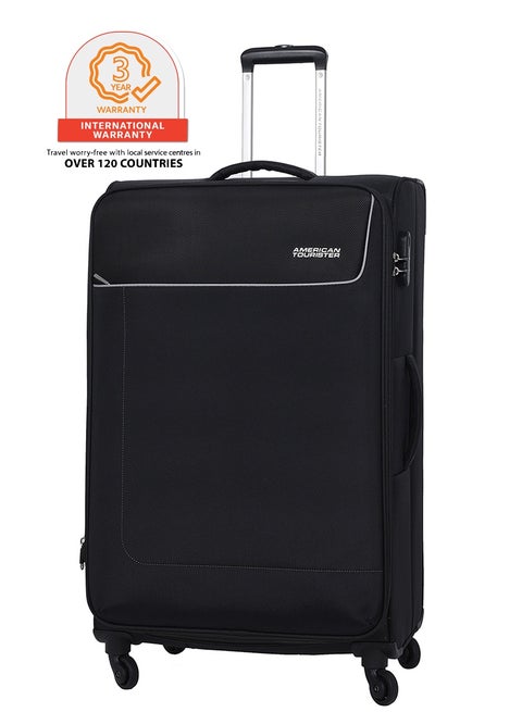 Jamaica Suitcase, 4 Spinner Wheels, Soft Top, 100% Polyester, Black|TSA Combination Lock|Expandable|Front Pocket Storage Compartment|Corner Guard|Retractable Aluminum Handle - 3 Years International Warranty