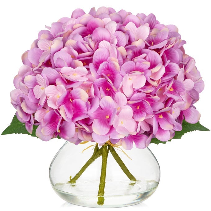 HYDRANGEA ARTIFICIAL FLOWERS WITH GLASS VASE PURPLISH PINK SILK FAUX FLOWERS ARRANGEMENTS IN VASE WITH FAUX WATER FAKE FLORAL BULK BOUQUET FOR HOME DECOR TABLE CENTERPIECE DECORATIONS