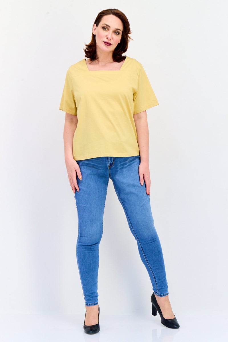GIORDANO Women Square Neck Short Sleeves Solid Top, Mustard  - Image 4