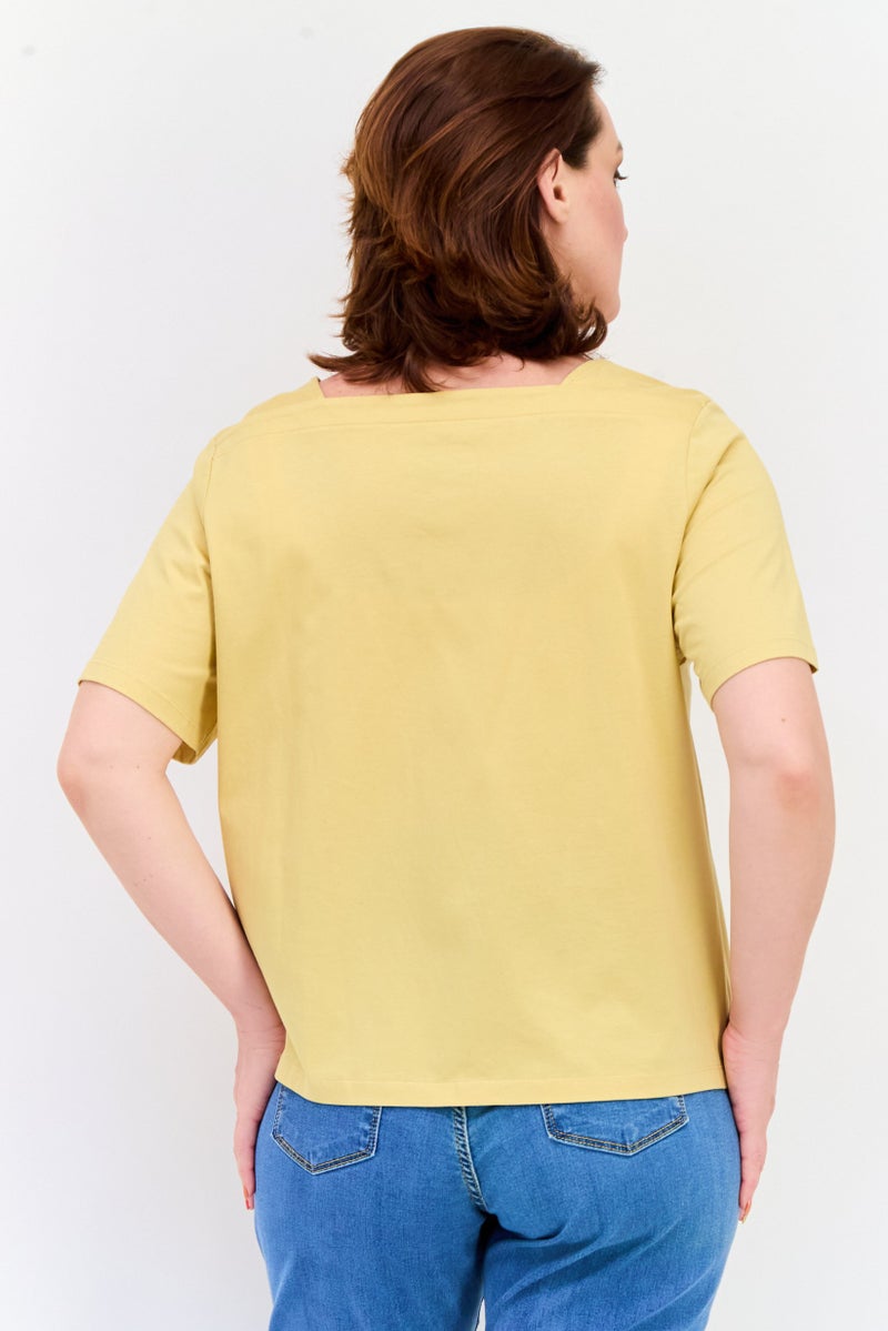 GIORDANO Women Square Neck Short Sleeves Solid Top, Mustard  - Image 2