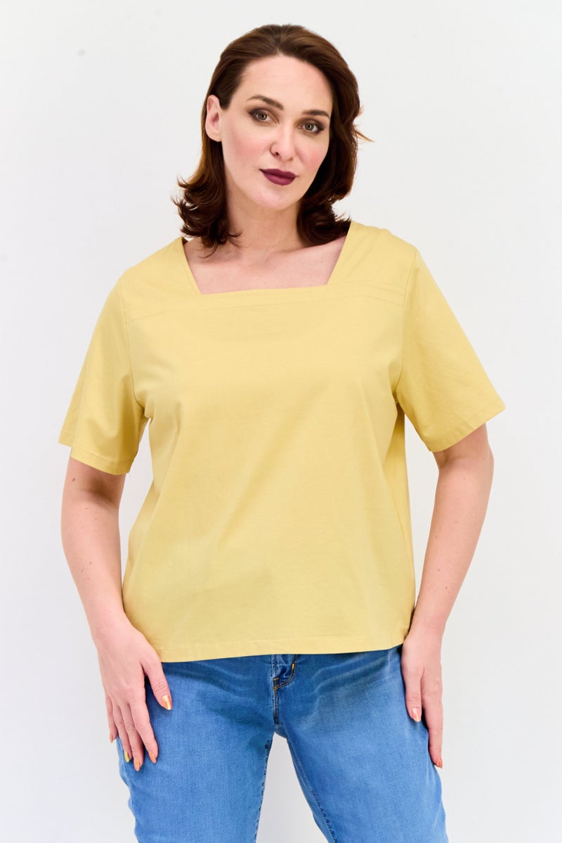GIORDANO Women Square Neck Short Sleeves Solid Top, Mustard  - Image 1