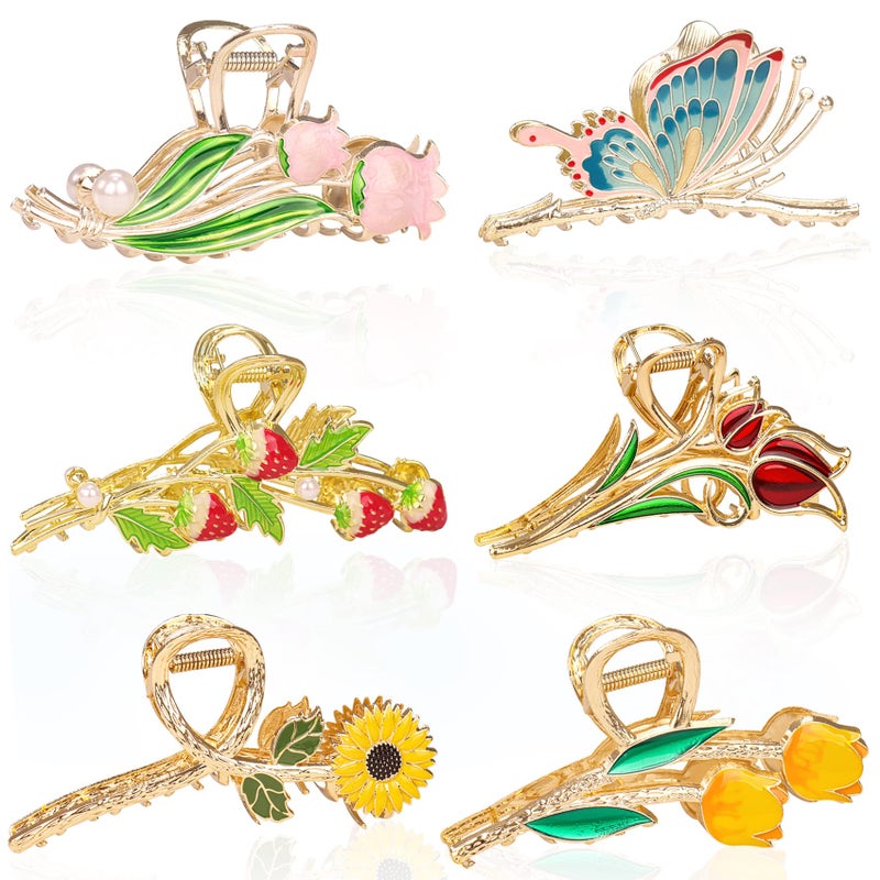 6 Pcs Metal Flower Tulip Clips with Strong Hold for Long Thick  Curly Hair  Cute Strawberry Butterfly Jaw Hair Clamps for Fashion  Big Hair Styles  For Women and Girls