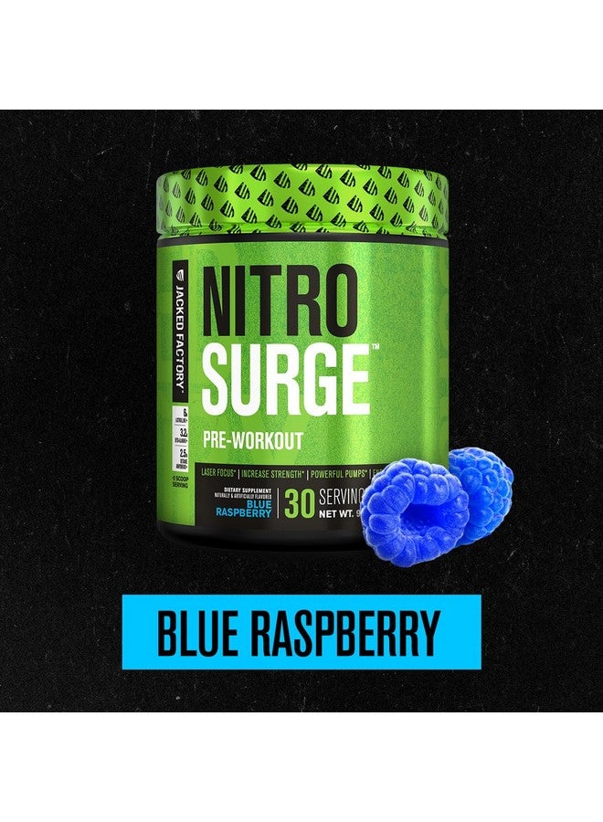 Jacked Factory NITROSURGE Pre Workout Supplement - Energy Booster, Instant Strength Gains, Clear Focus, & Intense Pumps - NO Booster & Powerful Preworkout Energy Powder - 60 Servings, Blue Raspberry - Image 1