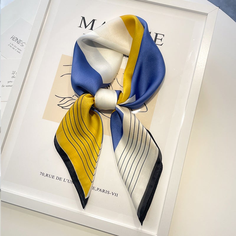 Oil painting small square scarf silk scarf for women Spring Autumn Winter mom matching shirt neck protection scarf scarf scarf 70x70 Fine Grain color matching 70 square scarf-blue and yellow