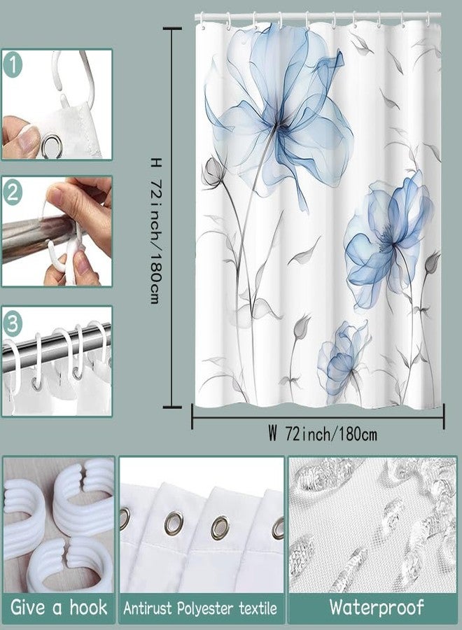 Mightree Shower Curtain, Blue and Grey Watercolor Floral Shower Curtain, Ink Painting Style Blossom Shower Curtains Sets for Chic Elegant Bathroom, Artistic Fabric Cloth Flower Shower Curtain, 72x72 - Image 3