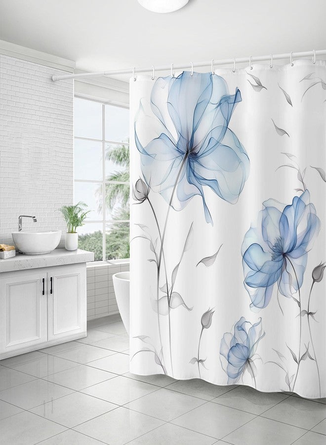 Mightree Shower Curtain, Blue and Grey Watercolor Floral Shower Curtain, Ink Painting Style Blossom Shower Curtains Sets for Chic Elegant Bathroom, Artistic Fabric Cloth Flower Shower Curtain, 72x72 - Image 1