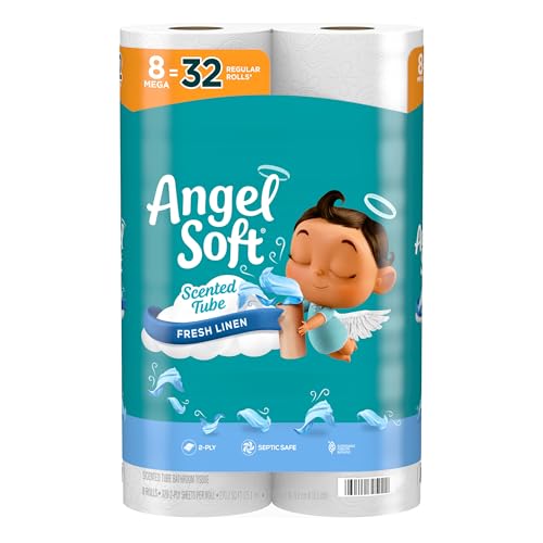Angel Soft Toilet Paper with Fresh Linen Scented Tube, 8 Mega Rolls = 32 Regular Rolls, Soft and Strong Toilet Tissue - Image 1