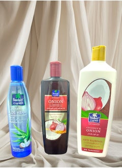 Parachute Hair care set: Parachute onion oil + Parachute coconut oil, aloe vera + Coconut and onion shampoo for hair care and thickening 