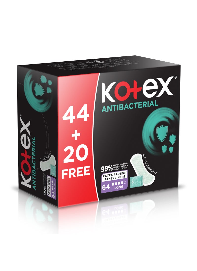 Kotex Antibacterial Panty Liners, 99% Protection from Bacteria Growth, Long Size, 64 Daily Panty Liners - Image 1