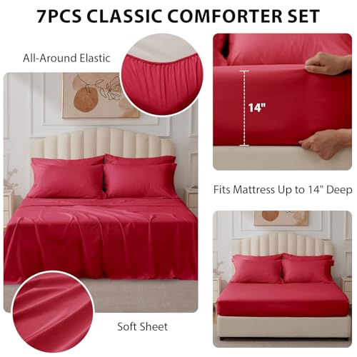 Velorose Queen Comforter Set Red - Bed in a Bag Queen Size 7 Pieces, Soft Bedding Set for All Seasons, Christmas Premium Queen Comforter Set with Comforter, Sheets, Pillowcases & Shams - Image 2