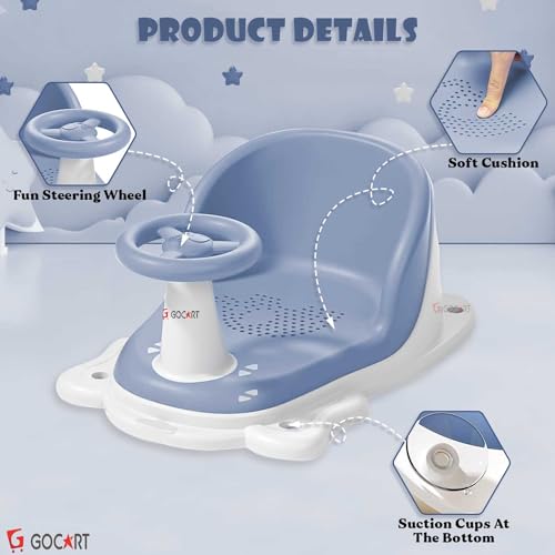GOCART WITH G LOGO Baby Bathtub Seat, Baby Bath Shower Chair with Breathable and Elastic Mesh Silicone Cushion for Baby Sitting up, Cute Car Steering Wheel Baby Bath Seat for Infants (Blue) (DESIGN-2) - Image 3