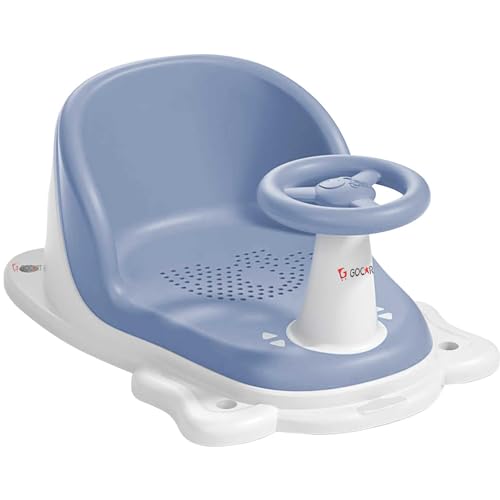 GOCART WITH G LOGO Baby Bathtub Seat, Baby Bath Shower Chair with Breathable and Elastic Mesh Silicone Cushion for Baby Sitting up, Cute Car Steering Wheel Baby Bath Seat for Infants (Blue) (DESIGN-2) - Image 1
