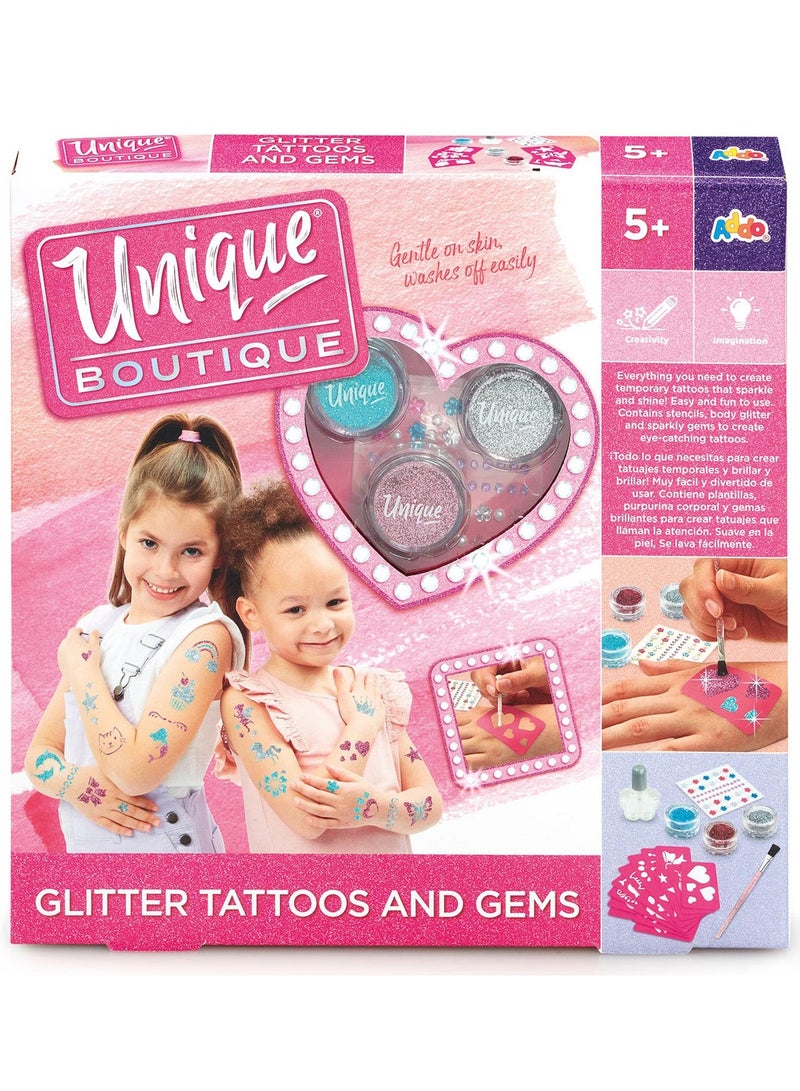 ADDO مجموعة تاتو و جواهر أدو يونيك بوتيك اللامعة | طقم تاتو | قوالب سهلة الاستخدام و لامعة آمنة على البشرة | افعلها بنفسك | لعب تمثيلي | فنون وحرف | فن الجسم المؤقت | سهل التطبيق | يطور المهارات الحركية الدقيقة والإبداع | ملون وقابل للتخصيص | عصري | هدية مثالية لعشاق التاتو والأزياء! - Image 1