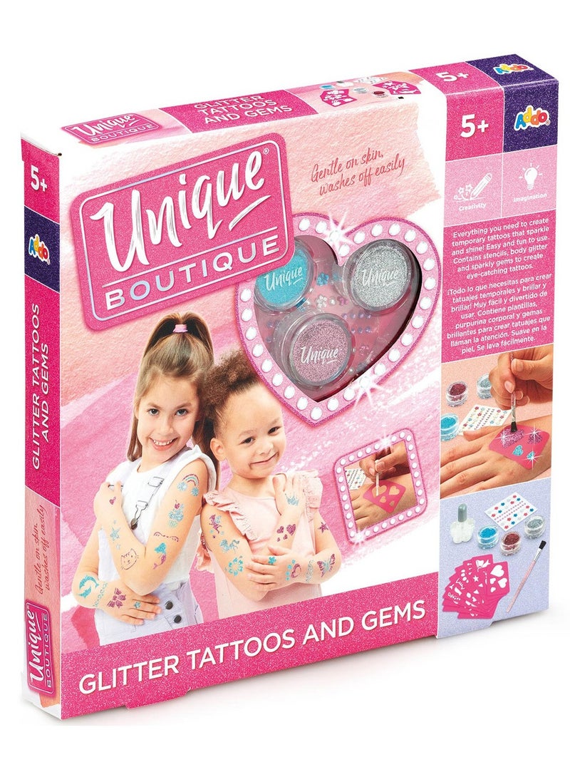 ADDO مجموعة تاتو و جواهر أدو يونيك بوتيك اللامعة | طقم تاتو | قوالب سهلة الاستخدام و لامعة آمنة على البشرة | افعلها بنفسك | لعب تمثيلي | فنون وحرف | فن الجسم المؤقت | سهل التطبيق | يطور المهارات الحركية الدقيقة والإبداع | ملون وقابل للتخصيص | عصري | هدية مثالية لعشاق التاتو والأزياء! - Image 4