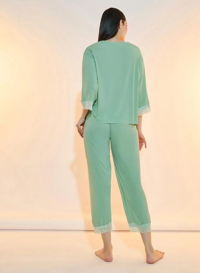 Take Two Texture Rib Lace Insert Top and Capri Set