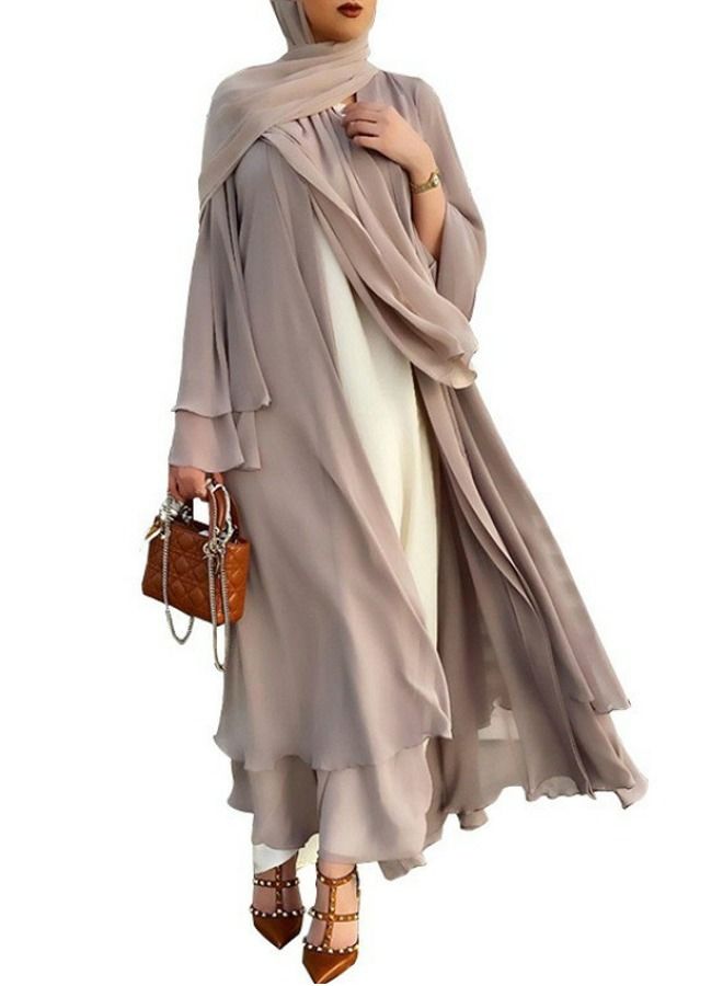 Loquat Women's Solid Color Flared Long-Sleeved Abaya Women's Elegant Long Cardigan Dress Khaki 