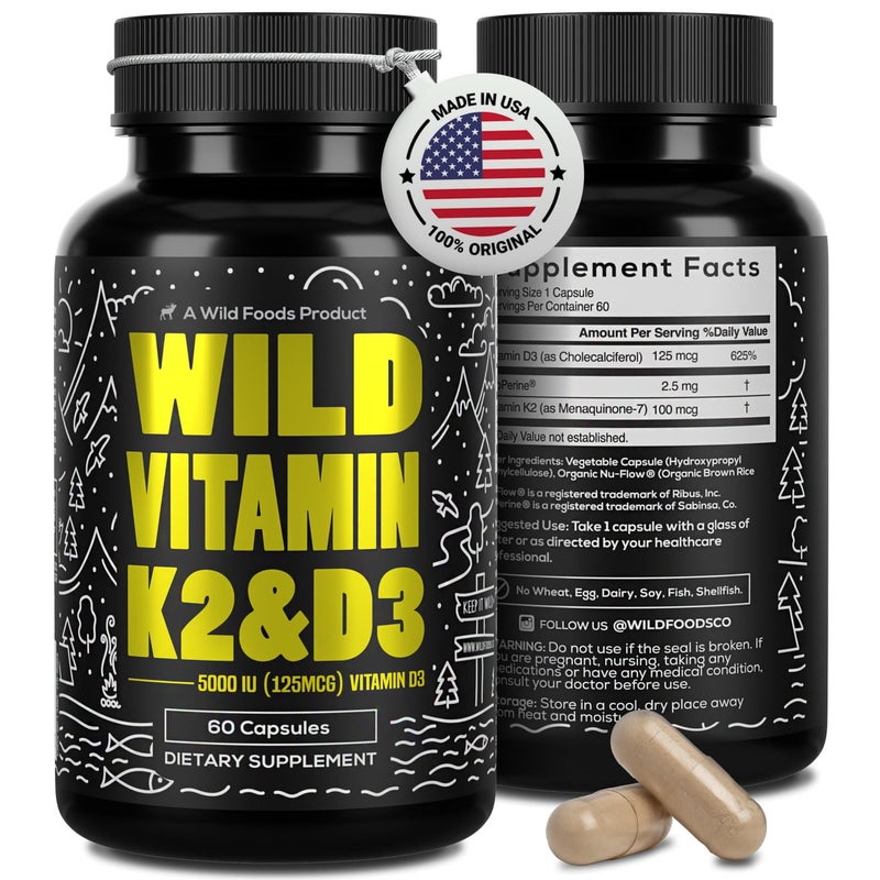 Wild Foods 5000iu Vitamin D3 K2 100mcg Mk7 with Black Pepper Extract PlantBased NonGMO Soy GlutenFree Dietary Supplement Made in USA 60 Capsules