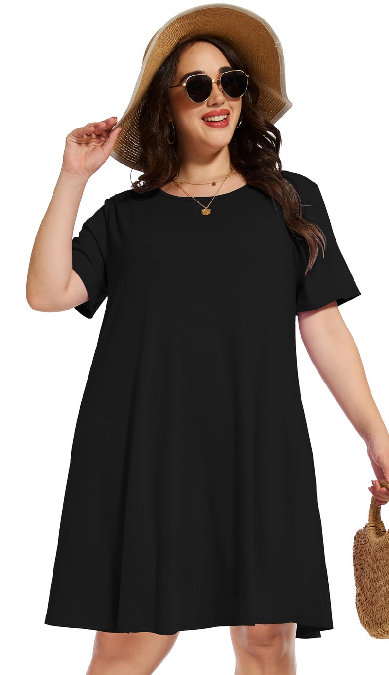 elescat Plus Size Summer Dresses for Women Casual Short Sleeve Pockets Loose Oversized T Shirt Sundress (Black, 2XL) - Image 5