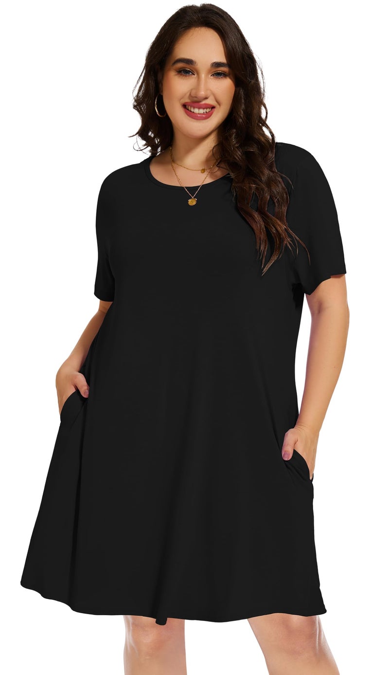elescat Plus Size Summer Dresses for Women Casual Short Sleeve Pockets Loose Oversized T Shirt Sundress (Black, 2XL) - Image 2