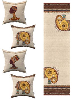 Cango Home Cream Ethnic African Figured Elephant Patterned 4-Piece Cushion Cover 1 Runner Set 4KMBS305-RS-1 