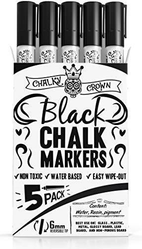 CHALKY CROWN Liquid Chalk Marker Pen - Dry Erase Marker - Chalk Markers for Chalkboard Signs, Windows, Blackboard, Glass - 6mm Reversible Tip (Black, 5 Pack) - Image 1