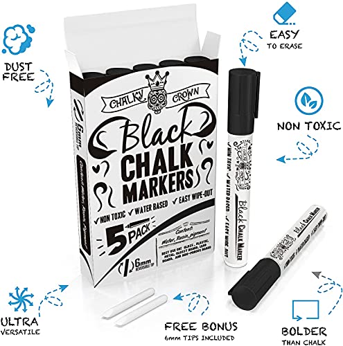 CHALKY CROWN Liquid Chalk Marker Pen - Dry Erase Marker - Chalk Markers for Chalkboard Signs, Windows, Blackboard, Glass - 6mm Reversible Tip (Black, 5 Pack) - Image 2