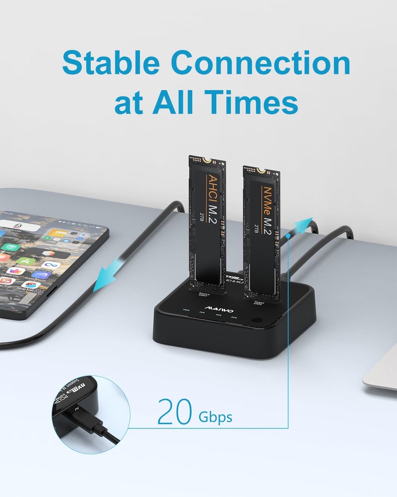 MAIWO ناسخ SSD NVMe MAIWO MacBook AHCI (مفتاح M مفتاح B&M) ، محطة إرساء استنساخ M.2 USB3.2 Type-C بسرعة 20Gbps ، متوافقة مع SSD M.2 2230/2242/2260/2280 ، تدعم وظيفة الاستنساخ غير المتصل بضغطة زر واحدة (K3016P2+)  - Image 2