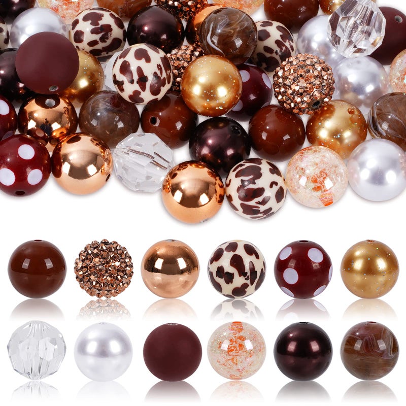 Whaline 50Pcs Chunky Bubblegum Beads 20mm Brown White Cow Beads 12 Styles Mixed Chocolate Milk Beads Set Spacer Bead Chunky Beads Jumbo Plastic Beads for DIY Jewelry Making