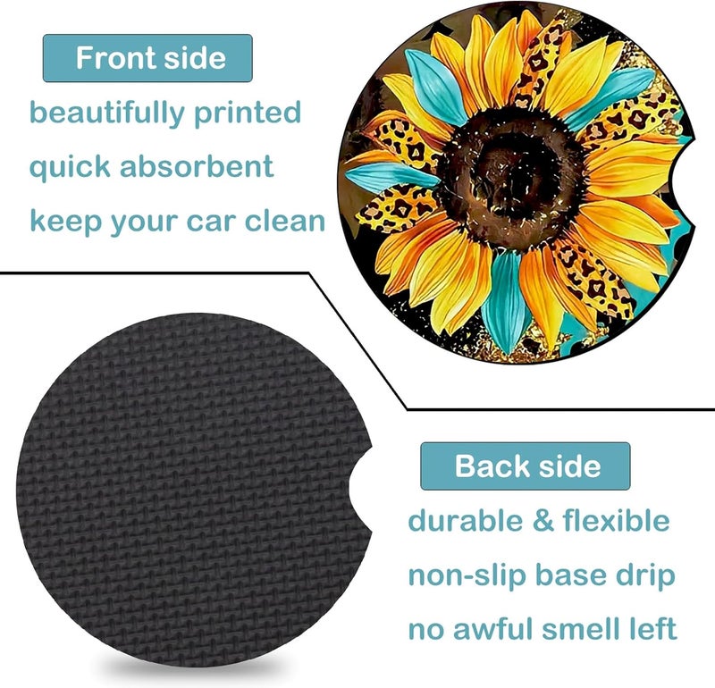 Ldntly Car Coasters for Cup Holders,2 Pack Sunflowers Leopard Car Cup Holder Coasters,2.75" Universal Size Anti Slip Rubber Mat,Sunflowers Gifts for Women,Mom,Her,Wife,Girlfriend - Image 3
