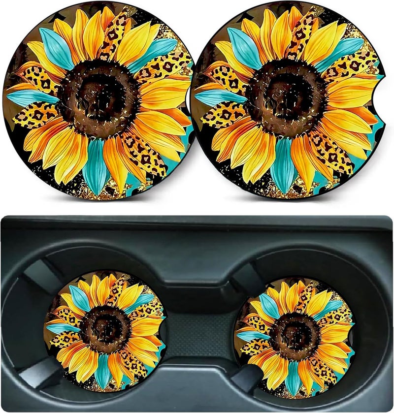 Ldntly Car Coasters for Cup Holders,2 Pack Sunflowers Leopard Car Cup Holder Coasters,2.75" Universal Size Anti Slip Rubber Mat,Sunflowers Gifts for Women,Mom,Her,Wife,Girlfriend - Image 1
