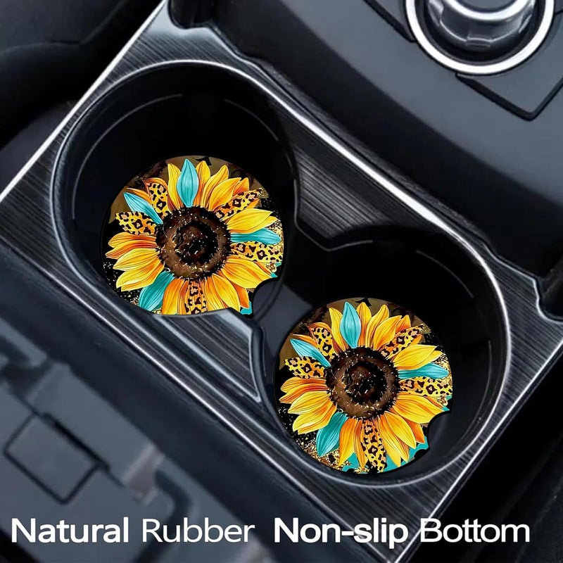 Ldntly Car Coasters for Cup Holders,2 Pack Sunflowers Leopard Car Cup Holder Coasters,2.75" Universal Size Anti Slip Rubber Mat,Sunflowers Gifts for Women,Mom,Her,Wife,Girlfriend - Image 2