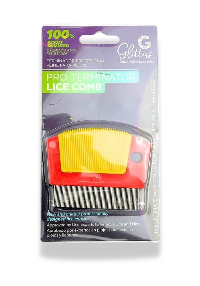 Glitters مشط غليترز المحترف ذو الجانبين - أداة إزالة قمل الشعر بأسنان دقيقة، أصفر وبرتقالي - Image 1