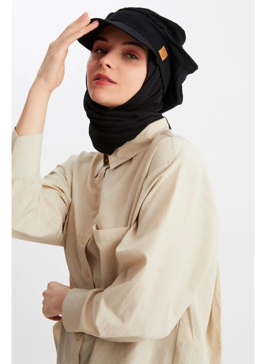 Butikgiz Black Women's Hijab Multi Chiffon Silky Shawl and Cotton Combed Visor Hat Pair - Comfortable, Extra Light