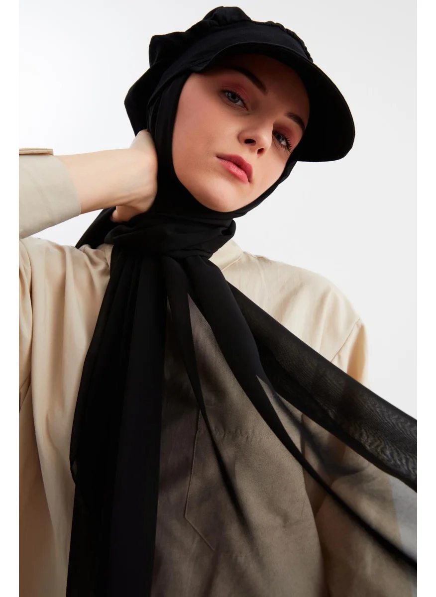 Butikgiz Black Women's Hijab Multi Chiffon Silky Shawl and Cotton Combed Visor Hat Pair - Comfortable, Extra Light