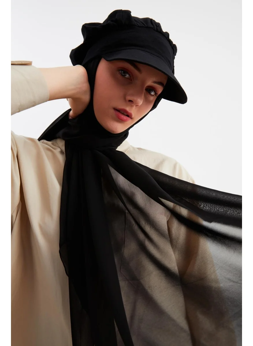 Butikgiz Black Women's Hijab Multi Chiffon Silky Shawl and Cotton Combed Visor Hat Pair - Comfortable, Extra Light