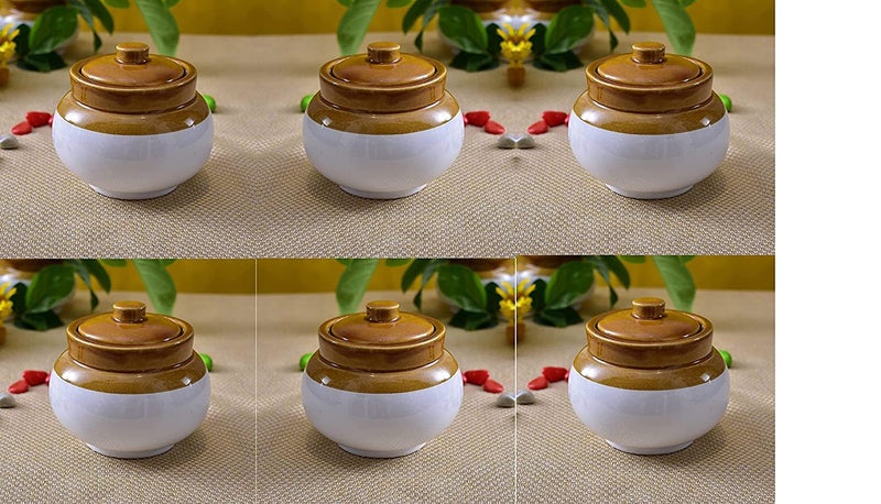 SHRIYAM CRAFTS طقم برطمانات مخلل سيراميك يدوية الصنع مع غطاء لتناول الطعام حاويات مخللات وهدايا مثالية للعائلة سعة 200 مل عبوة من 6 - Image 1