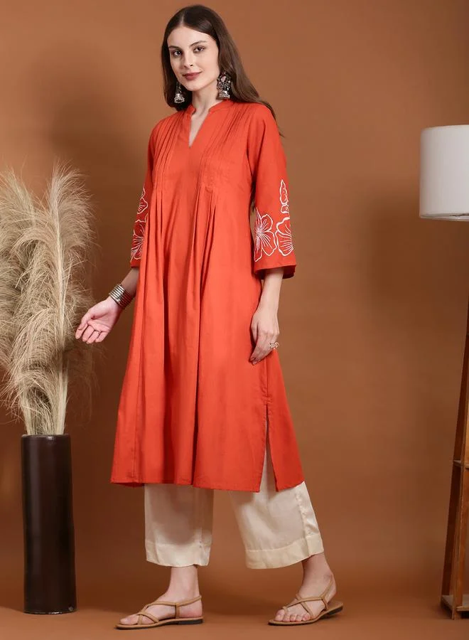 Globus Rust Embroidered A-Line Kurta