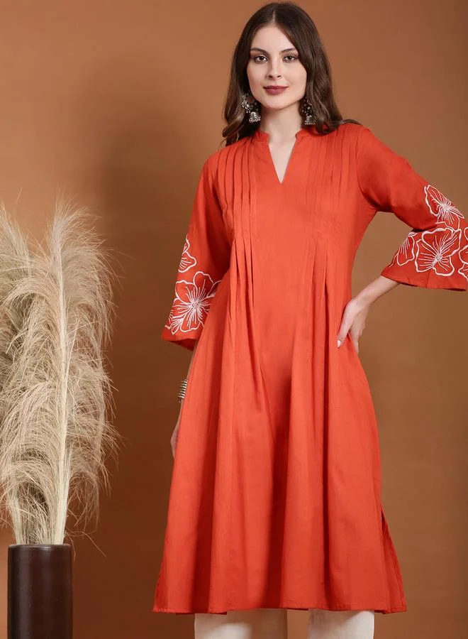 Globus Rust Embroidered A-Line Kurta