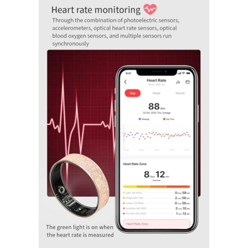 Fitness ring for daily health monitoring, titanium alloy, silver, IP68 waterproof with heart rate, blood pressure, blood oxygen, sleep tracking, pedometer and calorie counter - Image 4