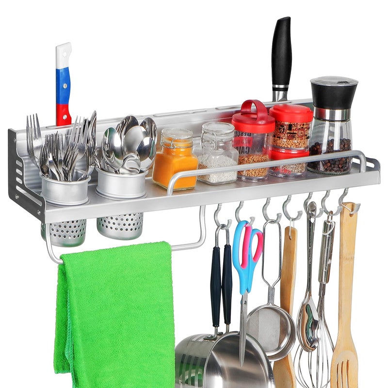 ABOUT SPACE Multifunctional Wall Mount Aluminium Hanging Utensil Display Rack Shelf for Ladles Spoons Pans Spices Cutlery Cookware with Knife and Hand Towel Holder 58x125x10 cm Hanging Shelves - Image 1