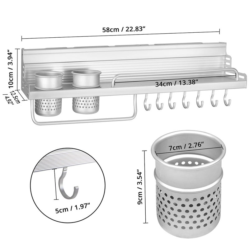 ABOUT SPACE Multifunctional Wall Mount Aluminium Hanging Utensil Display Rack Shelf for Ladles Spoons Pans Spices Cutlery Cookware with Knife and Hand Towel Holder 58x125x10 cm Hanging Shelves - Image 2