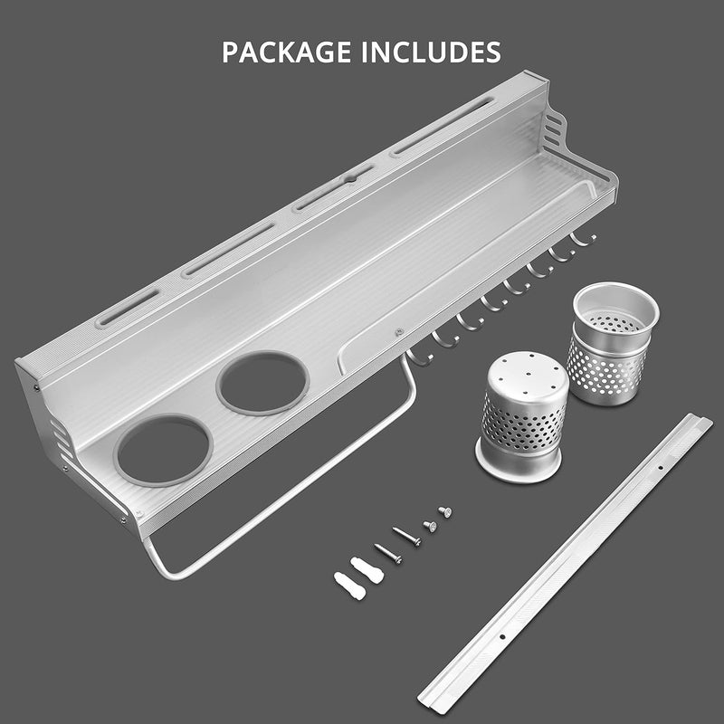 ABOUT SPACE Multifunctional Wall Mount Aluminium Hanging Utensil Display Rack Shelf for Ladles Spoons Pans Spices Cutlery Cookware with Knife and Hand Towel Holder 58x125x10 cm Hanging Shelves - Image 4