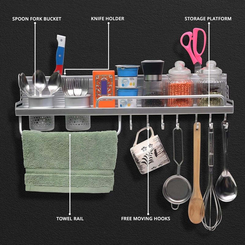 ABOUT SPACE Multifunctional Wall Mount Aluminium Hanging Utensil Display Rack Shelf for Ladles Spoons Pans Spices Cutlery Cookware with Knife and Hand Towel Holder 58x125x10 cm Hanging Shelves - Image 5