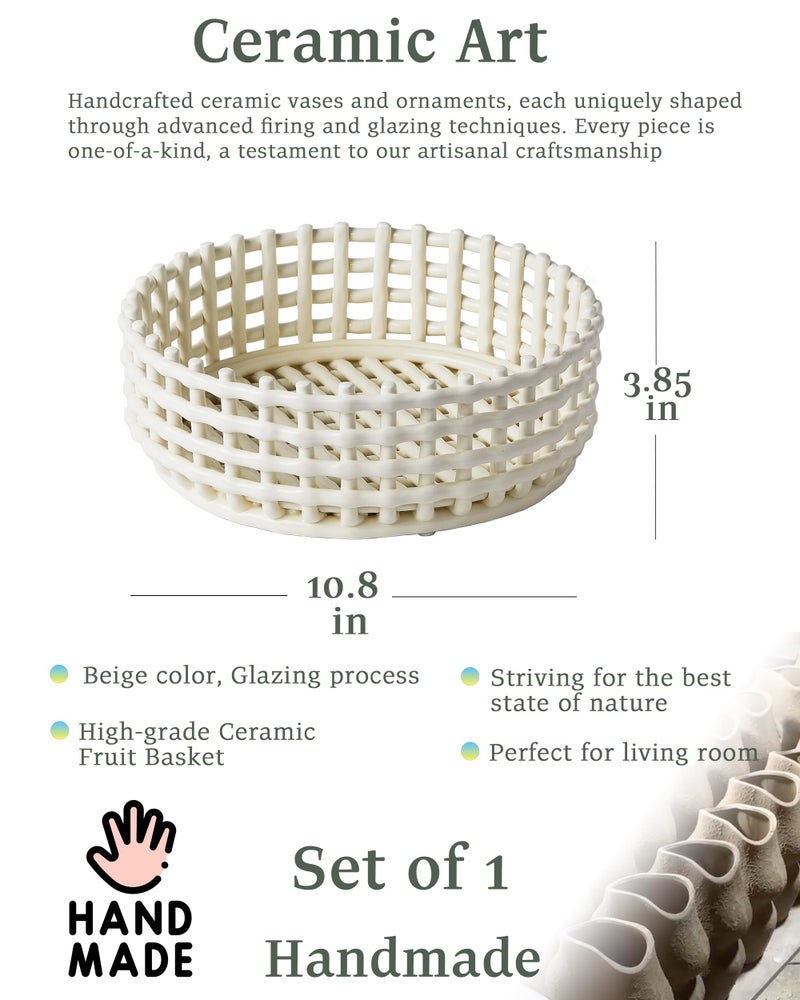 UPWOIGH Large Beige Circular Glazed Ceramic Fruit Basket Bowl, 10.8x3.85in Big Modern Table Decor Handmade Premium Personalized Ceramic Decorative Storage Organizer for kitchen, Breads,Vegetables,Gift - Image 2