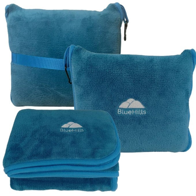 PREMIUM SOFT TRAVEL BLANKET PILLOW AIRPLANE BLANKET IN SOFT BAG CASE WITH HAND LUGGAGE BELT AND CARABINER COMPACT PACK LARGE COZY PLANE CAR TRAIN TEAL BLUE T022