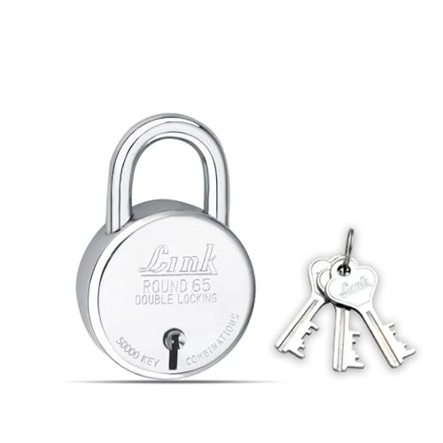 Link New Round 65mm Stainless Steel Padlock with Double Locking Shackle – 3 CNC Milled Keys, 50,000 Key Combinations, Rivetless Body, Pack of 1 - Image 1