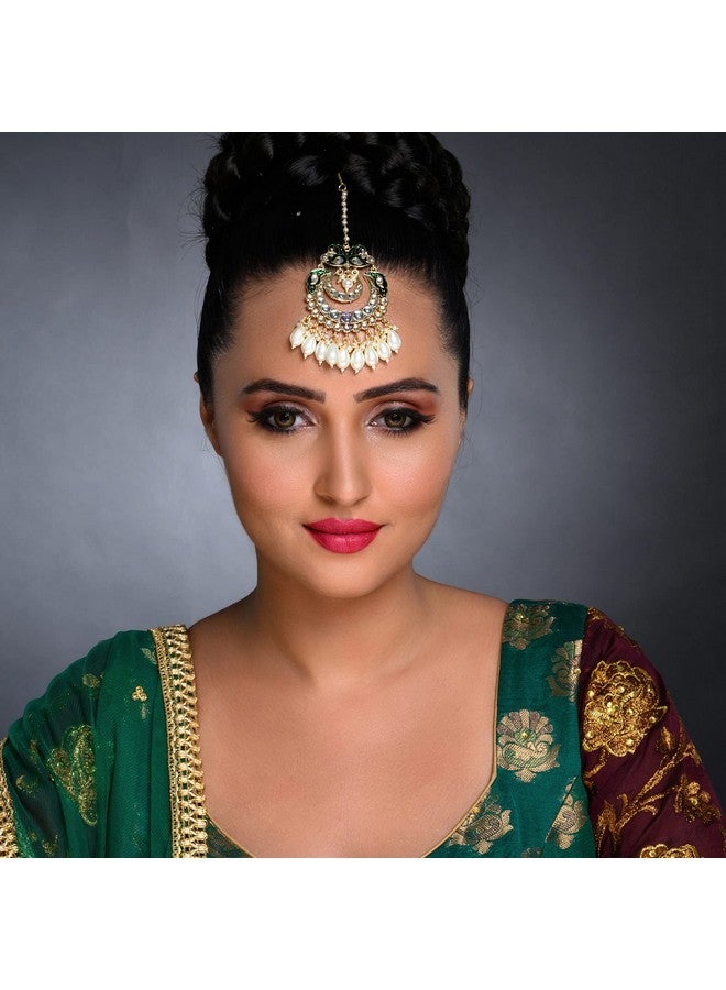 Sukkhi Fashionable Kundan Gold Plated Pearl Maangtikka for Women (SKR85496), Green, One Size - Image 2