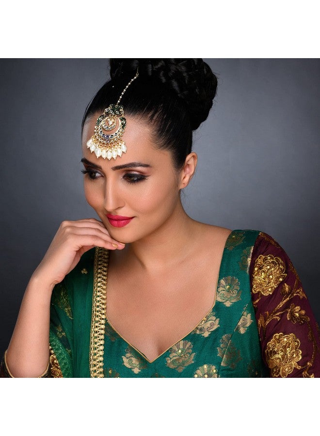 Sukkhi Fashionable Kundan Gold Plated Pearl Maangtikka for Women (SKR85496), Green, One Size - Image 4