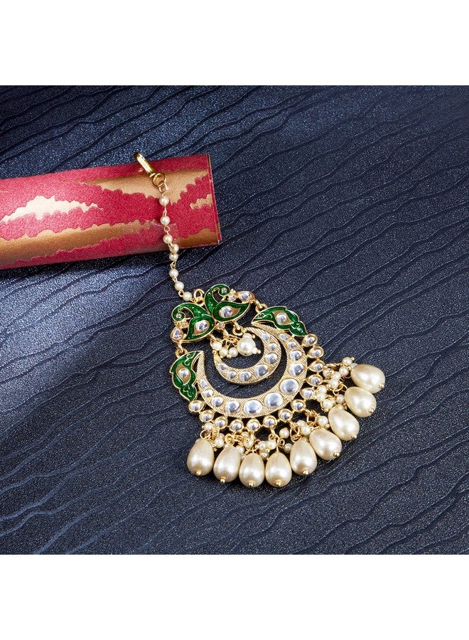 Sukkhi Fashionable Kundan Gold Plated Pearl Maangtikka for Women (SKR85496), Green, One Size - Image 3