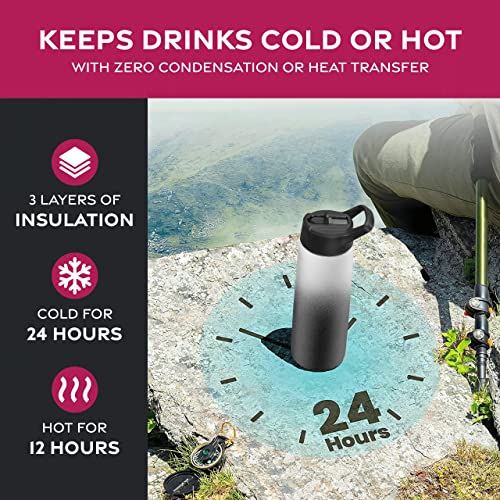 FineDine Water Bottle - Stainless Steel Insulated Water Bottle with Straw Lid, Flip Lid & Wide-Mouth Cap - Keeps Hot and Cold - 25 Oz / 739ml - Dreamy Black-White - Image 3